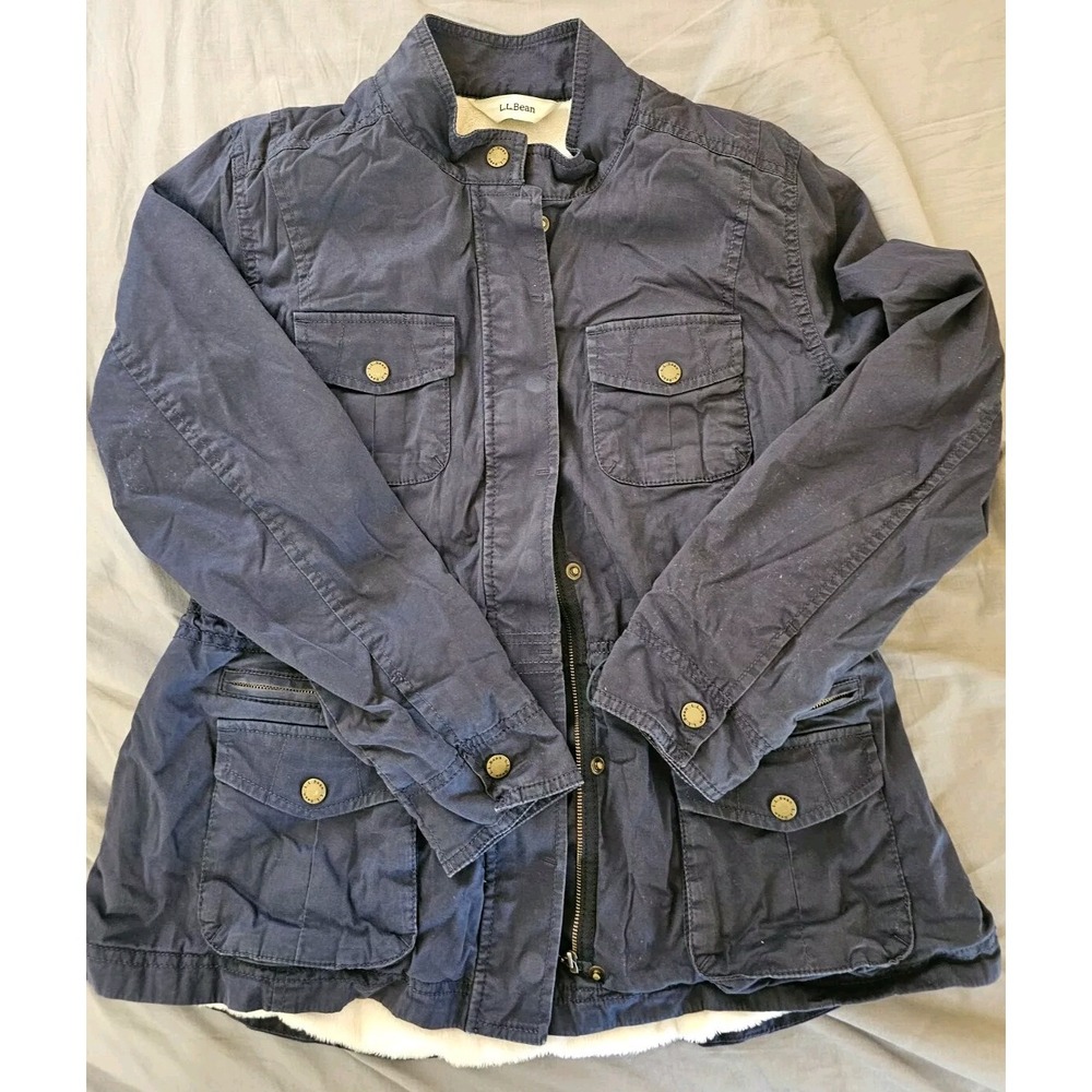 LL Bean Beige Draw String Waist Faux Fur lined 4 Pocket Jacket Size M Petite